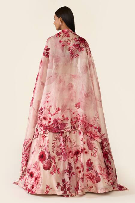Shop Varun Bahl Pink Organza, Net Sequins, Cut Work V-neck Floral Embroidered Lehenga Set at Aza Fashions Shop_Varun Bahl_Pink Organza, Net Sequins, Cut Work V-neck Floral Embroidered Lehenga Set _at_Aza_Fashions