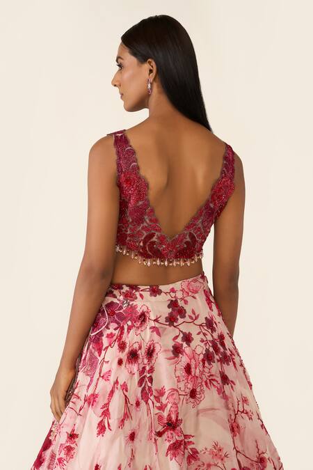 Varun Bahl Pink Organza, Net Sequins, Cut Work V-neck Floral Embroidered Lehenga Set Online at Aza Fashions Varun Bahl_Pink Organza, Net Sequins, Cut Work V-neck Floral Embroidered Lehenga Set _Online_at_Aza_Fashions