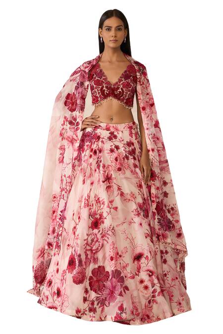 Shop Varun Bahl Pink Organza, Net Sequins, Cut Work V-neck Floral Embroidered Lehenga Set Online at Aza Fashions Shop_Varun Bahl_Pink Organza, Net Sequins, Cut Work V-neck Floral Embroidered Lehenga Set _Online_at_Aza_Fashions
