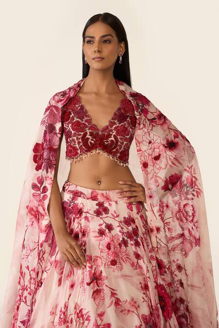 Varun Bahl Pink Organza, Net Sequins, Cut Work V-neck Floral Embroidered Lehenga Set at Aza Fashions Varun Bahl_Pink Organza, Net Sequins, Cut Work V-neck Floral Embroidered Lehenga Set _at_Aza_Fashions