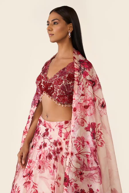 Buy Varun Bahl Pink Organza, Net Sequins, Cut Work V-neck Floral Embroidered Lehenga Set Buy_Varun Bahl_Pink Organza, Net Sequins, Cut Work V-neck Floral Embroidered Lehenga Set