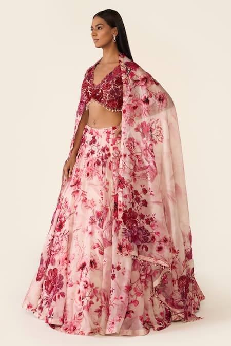 Shop Varun Bahl Pink Organza, Net Sequins, Cut Work V-neck Floral Embroidered Lehenga Set Shop_Varun Bahl_Pink Organza, Net Sequins, Cut Work V-neck Floral Embroidered Lehenga Set