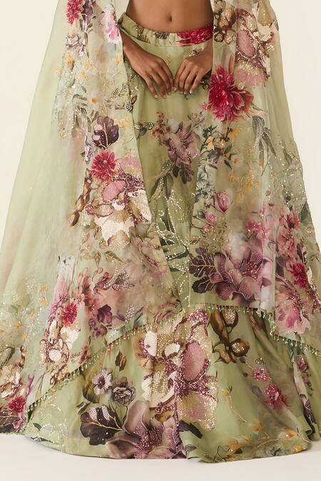 Varun Bahl Green Organza Cut Work, Sequins, Embroidery, Beads Floral Print Lehenga Set Online at Aza Fashions Varun Bahl_Green Organza Cut Work, Sequins, Embroidery, Beads Floral Print Lehenga Set _Online_at_Aza_Fashions