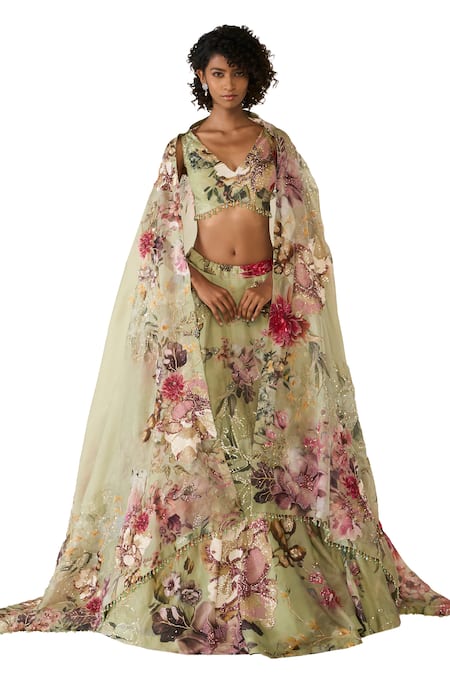 Buy Varun Bahl Green Organza Cut Work, Sequins, Embroidery, Beads Floral Print Lehenga Set Online at Aza Fashions Buy_Varun Bahl_Green Organza Cut Work, Sequins, Embroidery, Beads Floral Print Lehenga Set _Online_at_Aza_Fashions