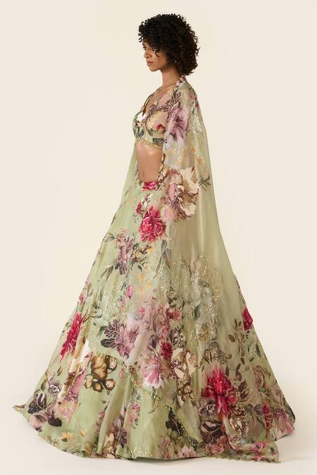 Shop Varun Bahl Green Organza Cut Work, Sequins, Embroidery, Beads Floral Print Lehenga Set Online at Aza Fashions Shop_Varun Bahl_Green Organza Cut Work, Sequins, Embroidery, Beads Floral Print Lehenga Set _Online_at_Aza_Fashions