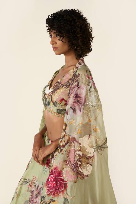 Varun Bahl Green Organza Cut Work, Sequins, Embroidery, Beads Floral Print Lehenga Set at Aza Fashions Varun Bahl_Green Organza Cut Work, Sequins, Embroidery, Beads Floral Print Lehenga Set _at_Aza_Fashions
