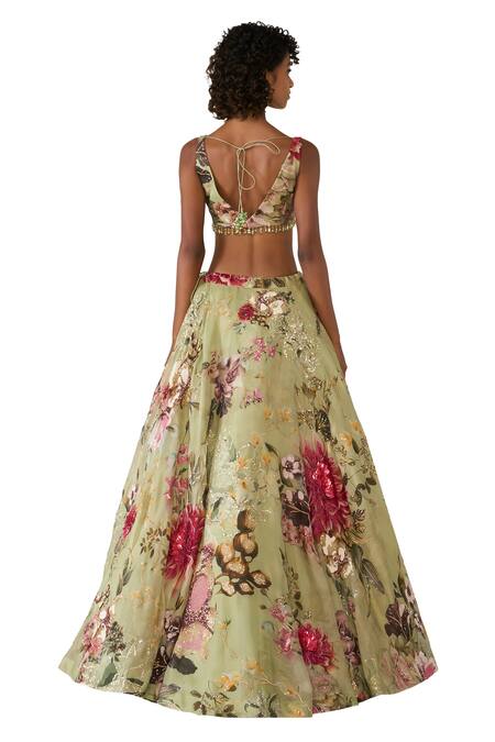 Buy Varun Bahl Green Organza Cut Work, Sequins, Embroidery, Beads Floral Print Lehenga Set Buy_Varun Bahl_Green Organza Cut Work, Sequins, Embroidery, Beads Floral Print Lehenga Set