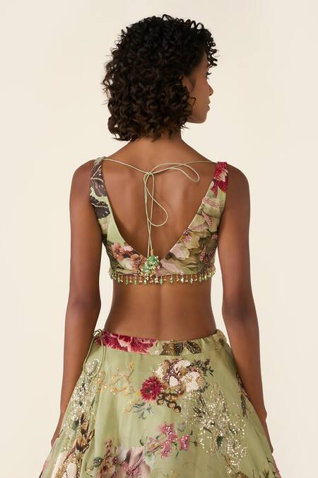 Shop Varun Bahl Green Organza Cut Work, Sequins, Embroidery, Beads Floral Print Lehenga Set Shop_Varun Bahl_Green Organza Cut Work, Sequins, Embroidery, Beads Floral Print Lehenga Set