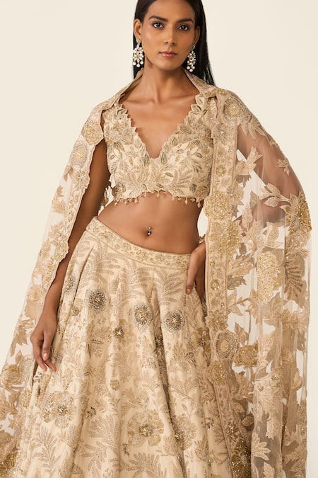 Shop Varun Bahl Gold Lurex Printed Floral V Neck Embroidered Lehenga Set Online at Aza Fashions Shop_Varun Bahl_Gold Lurex Printed Floral V Neck Embroidered Lehenga Set _Online_at_Aza_Fashions