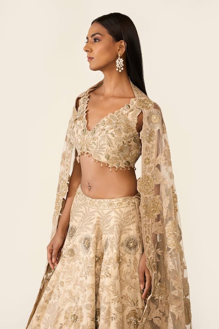 Varun Bahl Gold Lurex Printed Floral V Neck Embroidered Lehenga Set at Aza Fashions Varun Bahl_Gold Lurex Printed Floral V Neck Embroidered Lehenga Set _at_Aza_Fashions