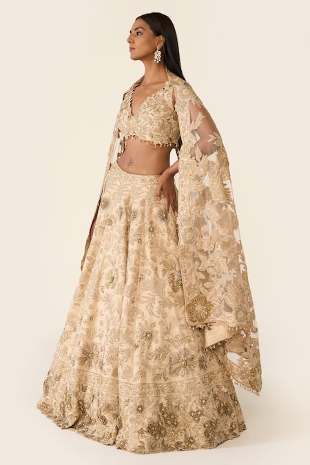Buy Varun Bahl Gold Lurex Printed Floral V Neck Embroidered Lehenga Set Buy_Varun Bahl_Gold Lurex Printed Floral V Neck Embroidered Lehenga Set