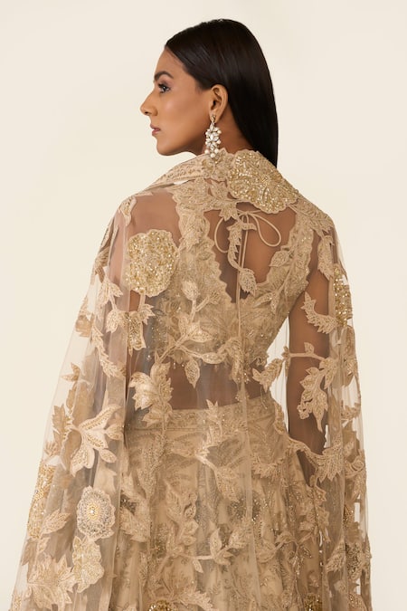 Shop Varun Bahl Gold Lurex Printed Floral V Neck Embroidered Lehenga Set Shop_Varun Bahl_Gold Lurex Printed Floral V Neck Embroidered Lehenga Set