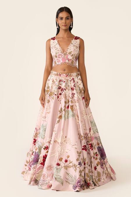 Varun Bahl_Pink Organza, Lurex Beads, Embroidery V-neck Floral Cutwork Lehenga Set _Online_at_Aza_Fashions