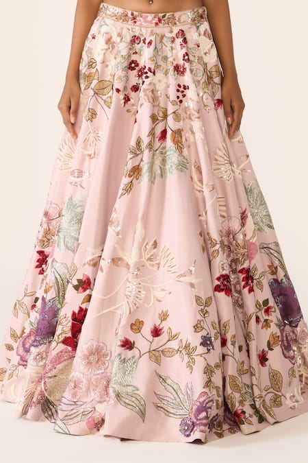 Buy_Varun Bahl_Pink Organza, Lurex Beads, Embroidery V-neck Floral Cutwork Lehenga Set _Online_at_Aza_Fashions