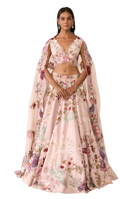 Varun Bahl_Pink Organza, Lurex Beads, Embroidery V-neck Floral Cutwork Lehenga Set _at_Aza_Fashions