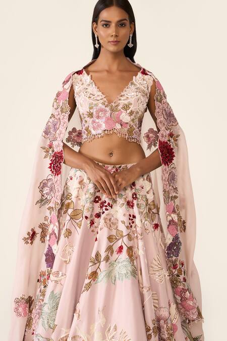 Buy_Varun Bahl_Pink Organza, Lurex Beads, Embroidery V-neck Floral Cutwork Lehenga Set 