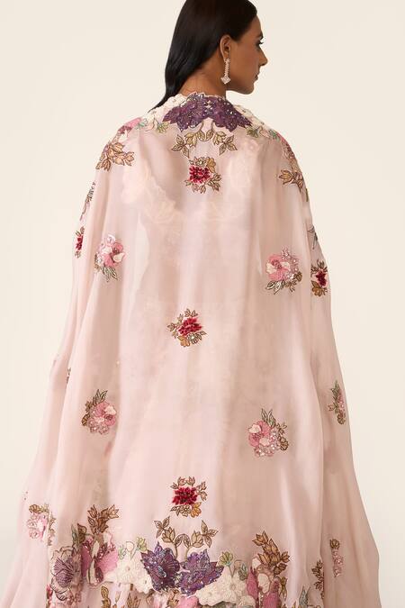 Shop_Varun Bahl_Pink Organza, Lurex Beads, Embroidery V-neck Floral Cutwork Lehenga Set 