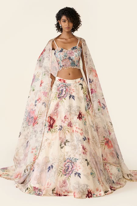 Varun Bahl Ivory Organza Embroidered Floral Sequin And Cutdana Lehenga Set 