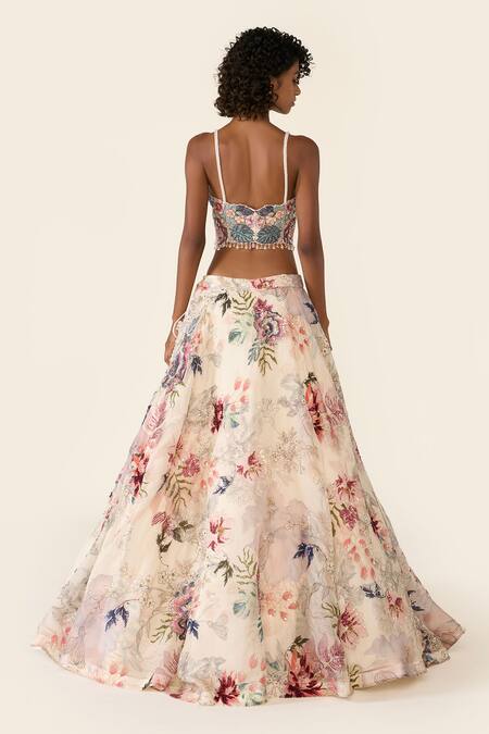 Shop Varun Bahl Ivory Organza, Net Sequins, Embroidery Sweetheart Floral And Cutdana Lehenga Set Shop_Varun Bahl_Ivory Organza, Net Sequins, Embroidery Sweetheart Floral And Cutdana Lehenga Set