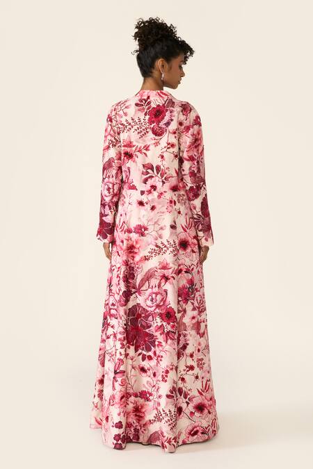 Shop_Varun Bahl_Pink Silk, Net Sequins, Cut Work, Beads V-neck Embroidered Cape Trouser Set _at_Aza_Fashions
