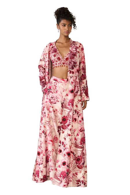 Varun Bahl_Pink Silk, Net Sequins, Cut Work, Beads V-neck Embroidered Cape Trouser Set _Online_at_Aza_Fashions