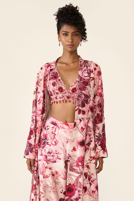 Buy_Varun Bahl_Pink Silk, Net Sequins, Cut Work, Beads V-neck Embroidered Cape Trouser Set _Online_at_Aza_Fashions
