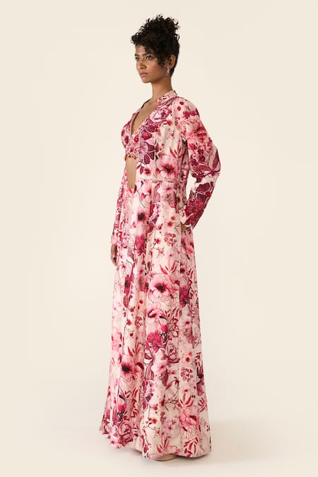 Shop_Varun Bahl_Pink Silk, Net Sequins, Cut Work, Beads V-neck Embroidered Cape Trouser Set _Online_at_Aza_Fashions