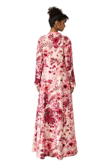 Varun Bahl_Pink Silk, Net Sequins, Cut Work, Beads V-neck Embroidered Cape Trouser Set _at_Aza_Fashions