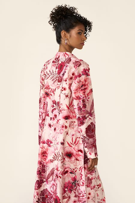 Buy_Varun Bahl_Pink Silk, Net Sequins, Cut Work, Beads V-neck Embroidered Cape Trouser Set 