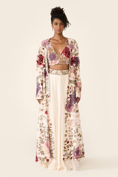 Varun Bahl_Ivory Silk, Georgette Sequins, Embroidery V-neck Floral Print Cape Trouser Set _Online_at_Aza_Fashions