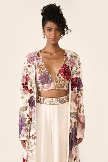 Shop_Varun Bahl_Ivory Silk, Georgette Sequins, Embroidery V-neck Floral Print Cape Trouser Set _Online_at_Aza_Fashions
