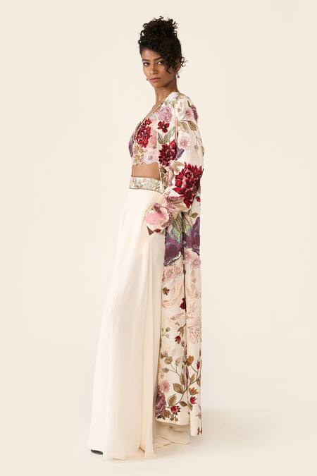 Varun Bahl_Ivory Silk, Georgette Sequins, Embroidery V-neck Floral Print Cape Trouser Set _at_Aza_Fashions