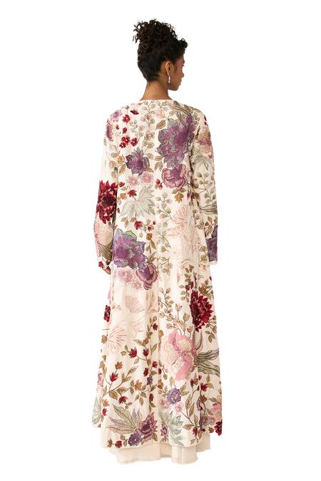 Buy_Varun Bahl_Ivory Silk, Georgette Sequins, Embroidery V-neck Floral Print Cape Trouser Set 