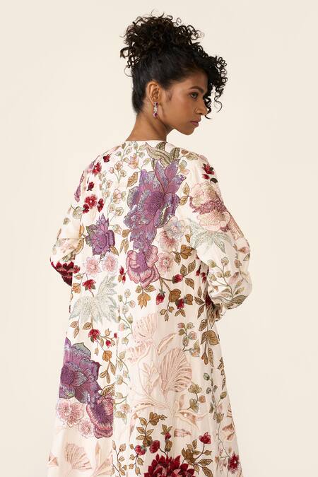 Shop_Varun Bahl_Ivory Silk, Georgette Sequins, Embroidery V-neck Floral Print Cape Trouser Set 