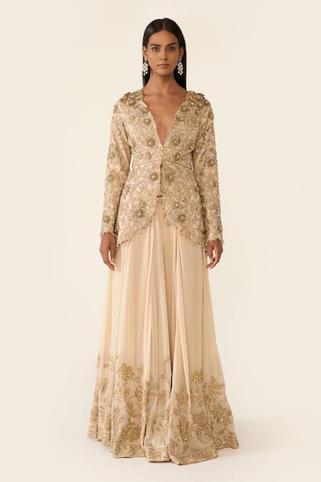 Varun Bahl Gold Organza Embellished Dori V Neck Floral Peplum Top With Sharara  