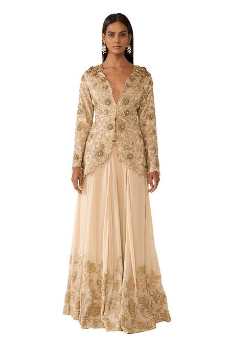Varun Bahl_Gold Organza, Georgette Beads, Floral Embellished Peplum Top With Sharara _Online_at_Aza_Fashions