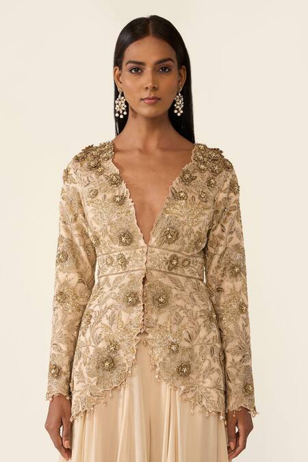 Buy_Varun Bahl_Gold Organza, Georgette Beads, Floral Embellished Peplum Top With Sharara _Online_at_Aza_Fashions