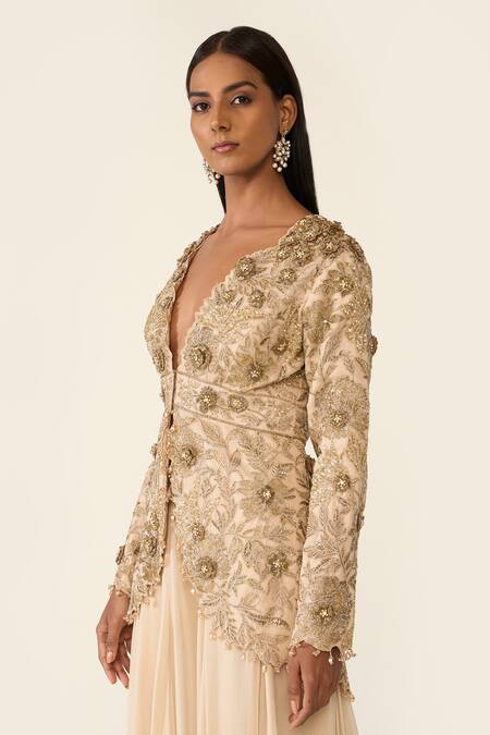 Shop_Varun Bahl_Gold Organza, Georgette Beads, Floral Embellished Peplum Top With Sharara _Online_at_Aza_Fashions