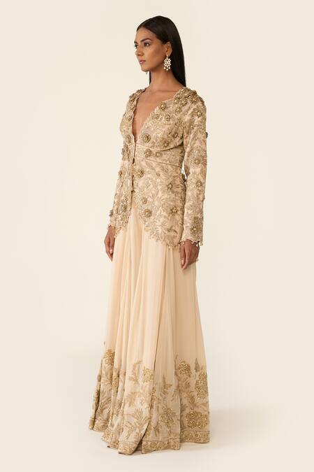 Varun Bahl_Gold Organza, Georgette Beads, Floral Embellished Peplum Top With Sharara _at_Aza_Fashions