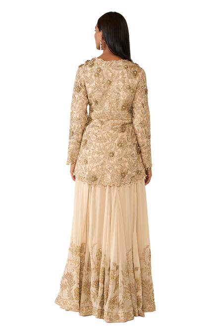 Buy_Varun Bahl_Gold Organza, Georgette Beads, Floral Embellished Peplum Top With Sharara 
