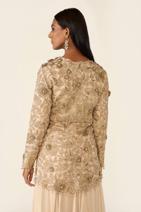 Shop_Varun Bahl_Gold Organza, Georgette Beads, Floral Embellished Peplum Top With Sharara 