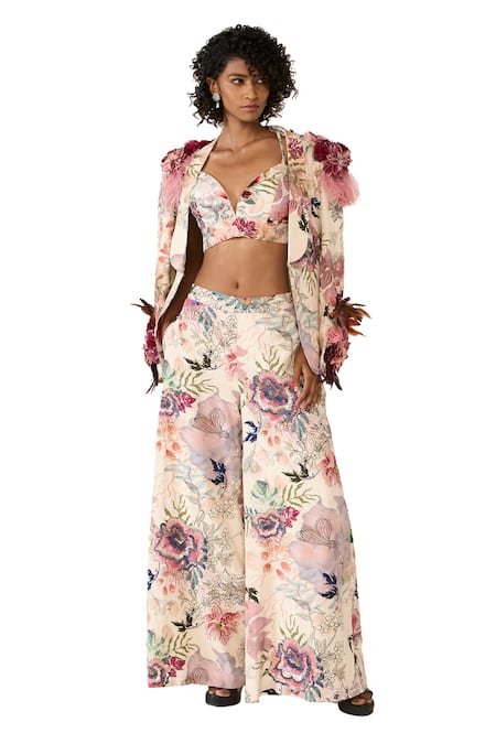 Varun Bahl_Ivory Crepe Sequins, Applique, Embroidery Floral Print Jacket And Trouser Set _Online_at_Aza_Fashions