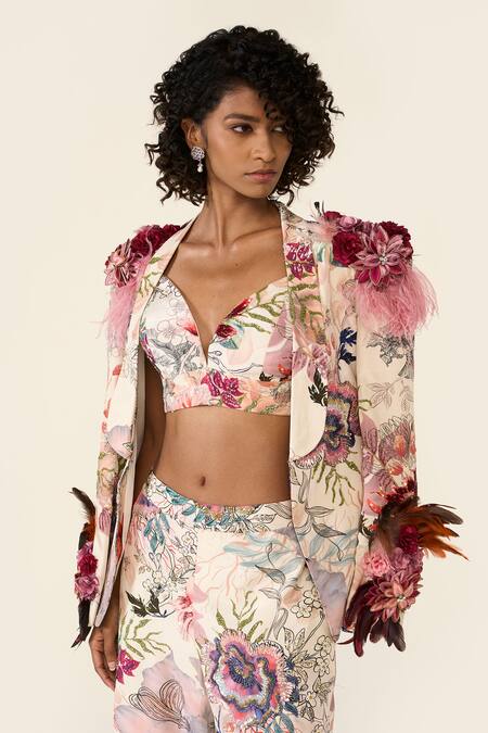 Buy_Varun Bahl_Ivory Crepe Sequins, Applique, Embroidery Floral Print Jacket And Trouser Set _Online_at_Aza_Fashions