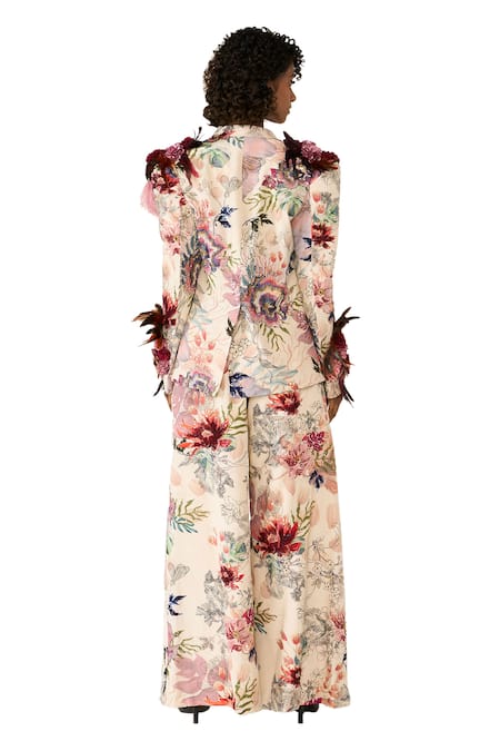 Varun Bahl_Ivory Crepe Sequins, Applique, Embroidery Floral Print Jacket And Trouser Set _at_Aza_Fashions