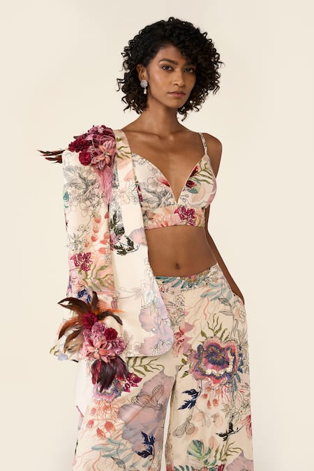 Buy_Varun Bahl_Ivory Crepe Sequins, Applique, Embroidery Floral Print Jacket And Trouser Set 