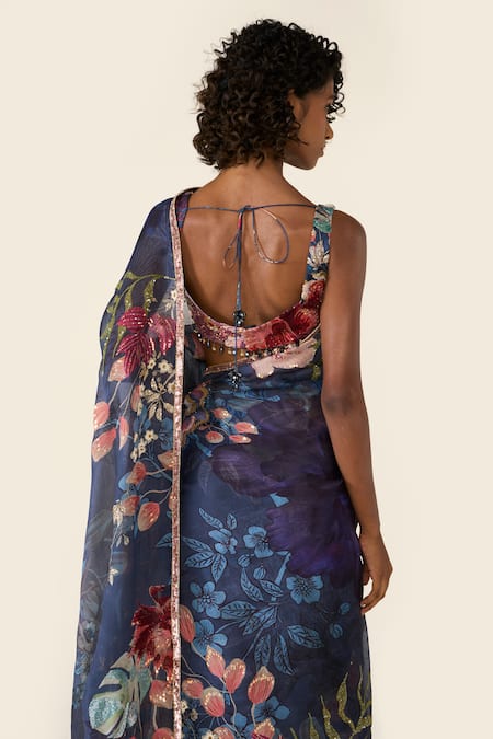 Varun Bahl Blue Organza Sequins, Beads V-neck Floral Print Saree With Embroidered Blouse Online at Aza Fashions Varun Bahl_Blue Organza Sequins, Beads V-neck Floral Print Saree With Embroidered Blouse _Online_at_Aza_Fashions