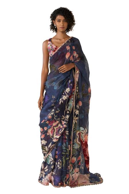 Buy Varun Bahl Blue Organza Sequins, Beads V-neck Floral Print Saree With Embroidered Blouse Online at Aza Fashions Buy_Varun Bahl_Blue Organza Sequins, Beads V-neck Floral Print Saree With Embroidered Blouse _Online_at_Aza_Fashions
