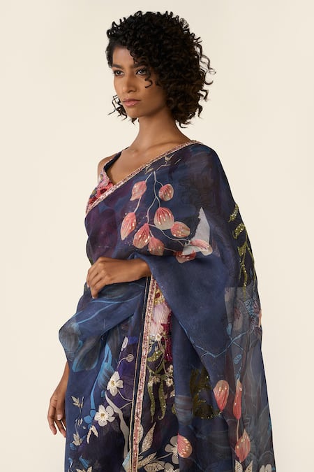 Shop Varun Bahl Blue Organza Sequins, Beads V-neck Floral Print Saree With Embroidered Blouse Online at Aza Fashions Shop_Varun Bahl_Blue Organza Sequins, Beads V-neck Floral Print Saree With Embroidered Blouse _Online_at_Aza_Fashions