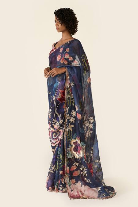 Varun Bahl Blue Organza Sequins, Beads V-neck Floral Print Saree With Embroidered Blouse at Aza Fashions Varun Bahl_Blue Organza Sequins, Beads V-neck Floral Print Saree With Embroidered Blouse _at_Aza_Fashions