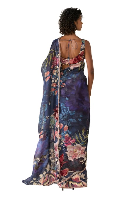 Buy Varun Bahl Blue Organza Sequins, Beads V-neck Floral Print Saree With Embroidered Blouse Buy_Varun Bahl_Blue Organza Sequins, Beads V-neck Floral Print Saree With Embroidered Blouse